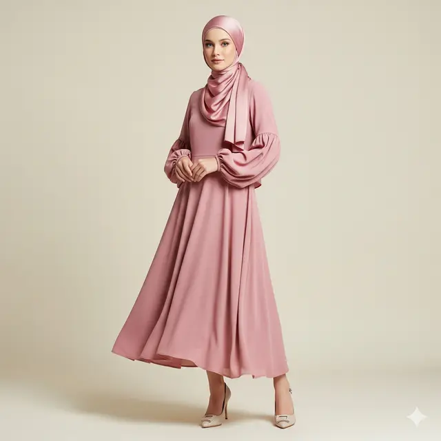 Inspirasi Dress Panjang Polos Minimalis Kombinasi Kerudung Muslim.