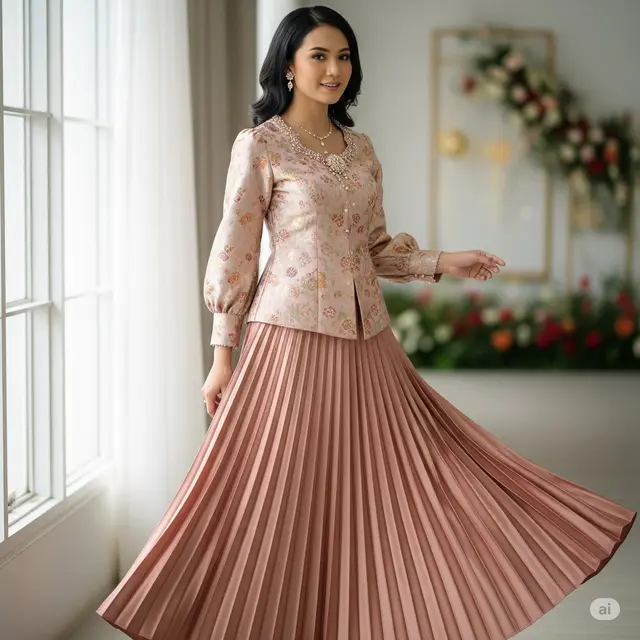 Contoh Model Brokat Dress Kombinasi Satin Blouse Brokat + Rok Plisket Satin. Foto: Gemini