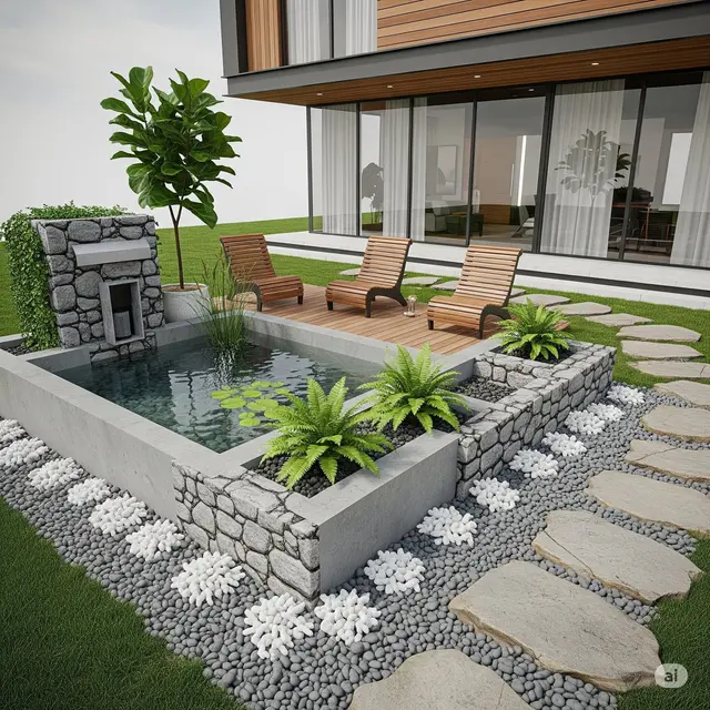 Teras Kolam Mini dengan Batu Alam