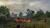 Masyarakat berusaha memadamkan kebakaran hutan dan lahan (Liputan6.com/M Syukur)