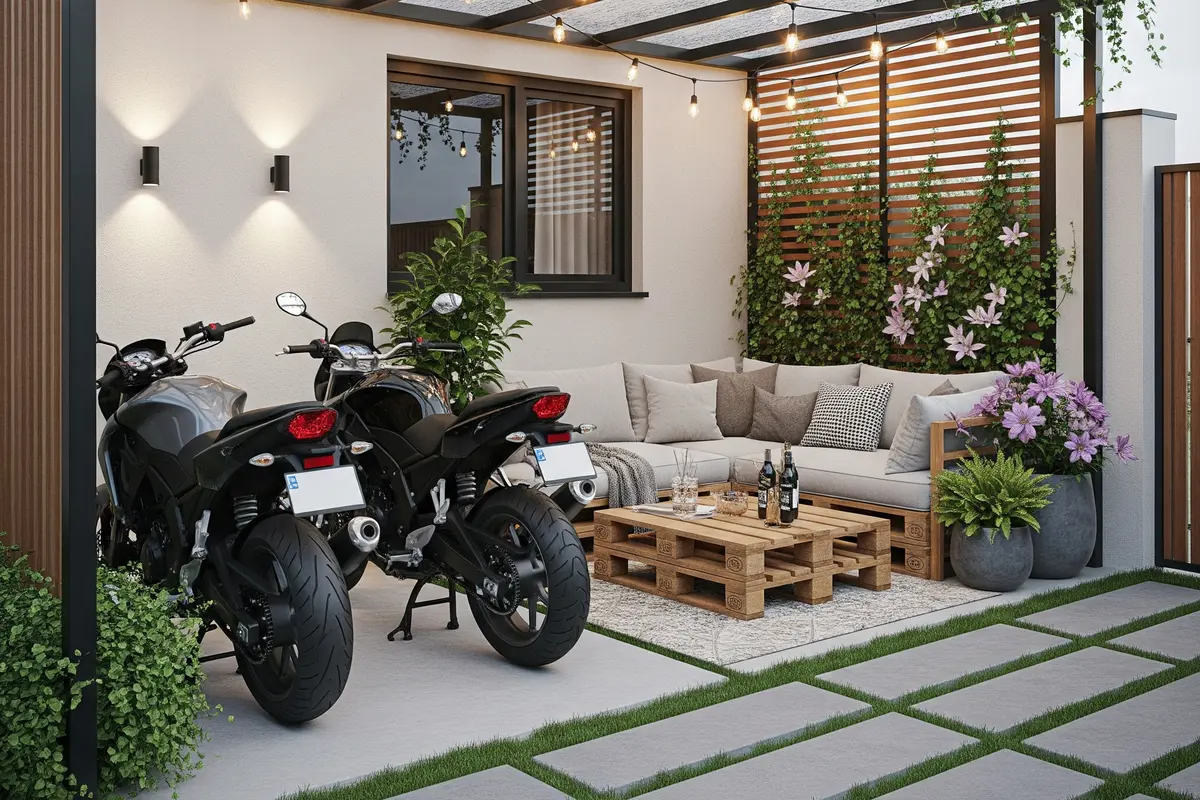 Desain Teras Rumah untuk Dua Motor dan Tempat Duduk Santai Sekaligus (Image by Gemini AI)