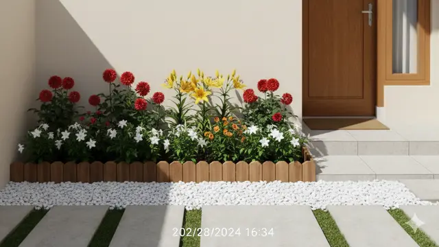 Desain Teras Rumah Estetik dengan Kebun Bunga Warna-Warni. AI