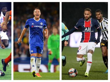 Penggunaan kaos kaki adalah salah satu perlengkapan yang diwajibkan bagi setiap pesepakbola yang berlaga. Dapat juga dijadikan ciri khas jika dipakai di luar standar yang diatur. Seperti 7 pemain di Eropa ini yang memilih penggunaannya melebihi lutut. (Kolase Foto AFP)