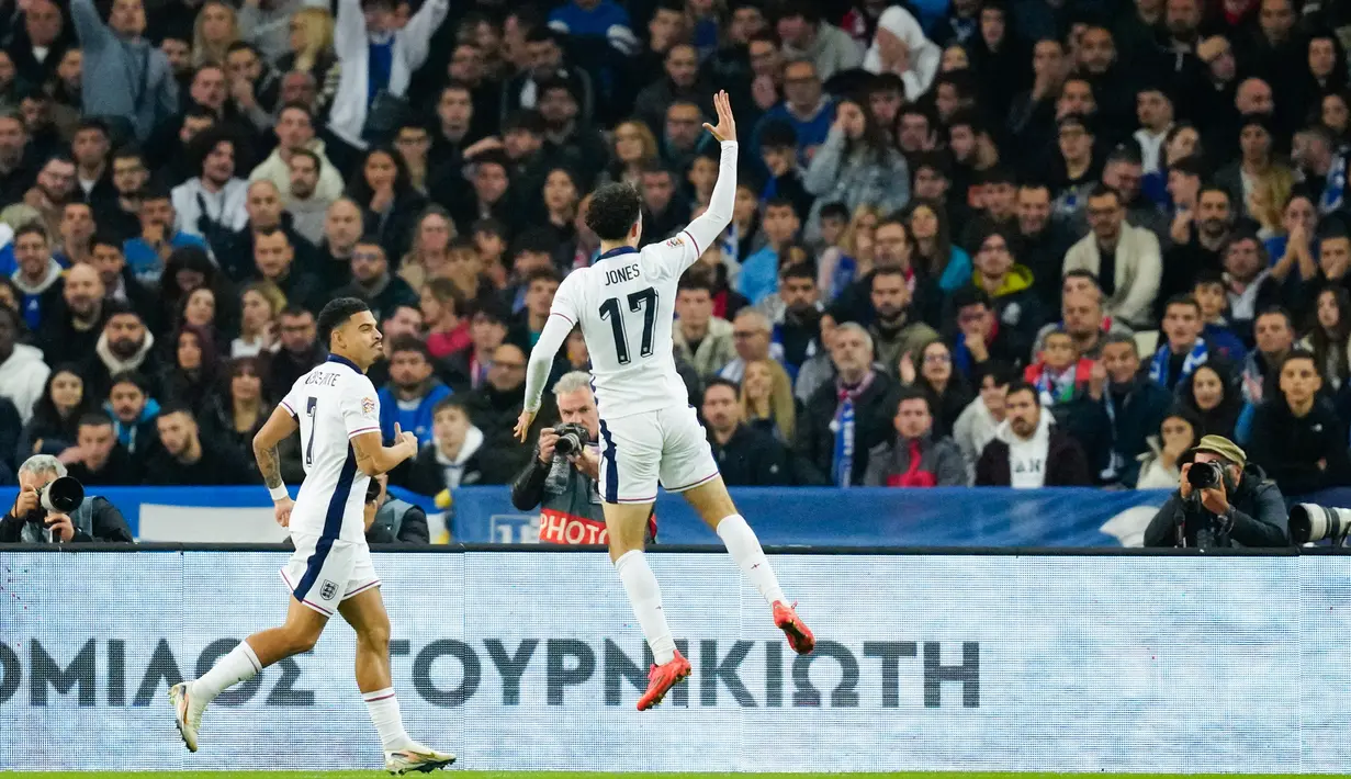 Curtis Jones berhasil melakukan debut yang luar biasa saat mengantarkan Timnas Inggris meraih kemenangan atas Yunani di ajang UEFA Nations League. (AP Photo/Thanassis Stavrakis)
