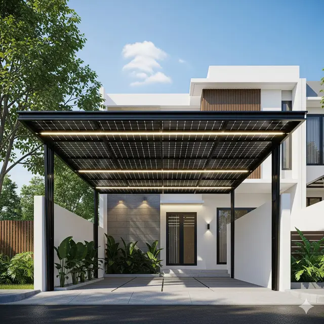 Garasi Futuristik dengan Kanopi Solar Panel Terintegrasi