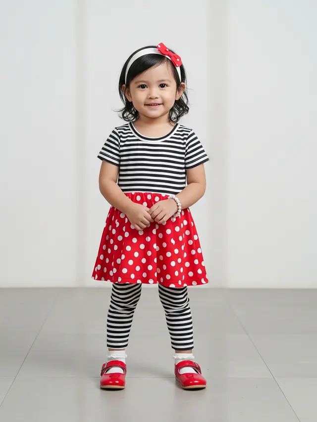 Model Baju Anak Perempuan 1-5 Tahun Atasan dan Legging Stripe dengan Rok Polkadot