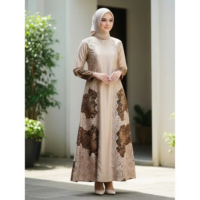 Gamis Batik Brokat Warna Champagne