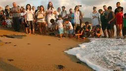 Warga menyaksikan saat anggota The Orange House Project melepaskan bayi penyu atau tukik di pantai El Mansouri, Tyre, Lebanon, Minggu (29/7). Keluarga dan anak-anak sekolah selalu diundang untuk menyaksikan pelepasliaran tukik. (Mahmoud ZAYYAT/AFP)