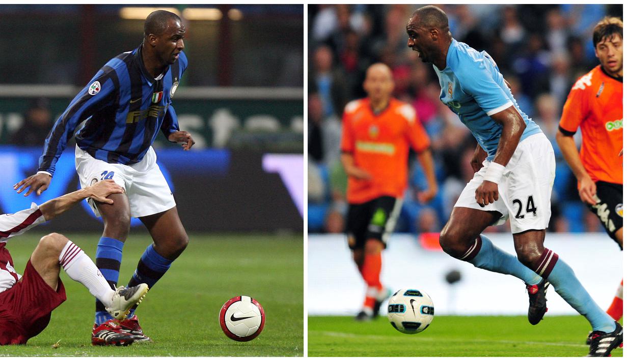 Foto kolase saat Patrick Viera (kiri) saat membela Inter Milan dalam pertandingan Liga Italia pada 8 Maret 2008 dan Viera (kanan) saat membela Manchester City dalam pertandingan persahabatan pada 7 Agustus 2010. (AFP/Guiseppe Cacace, Adrian Dennis)
