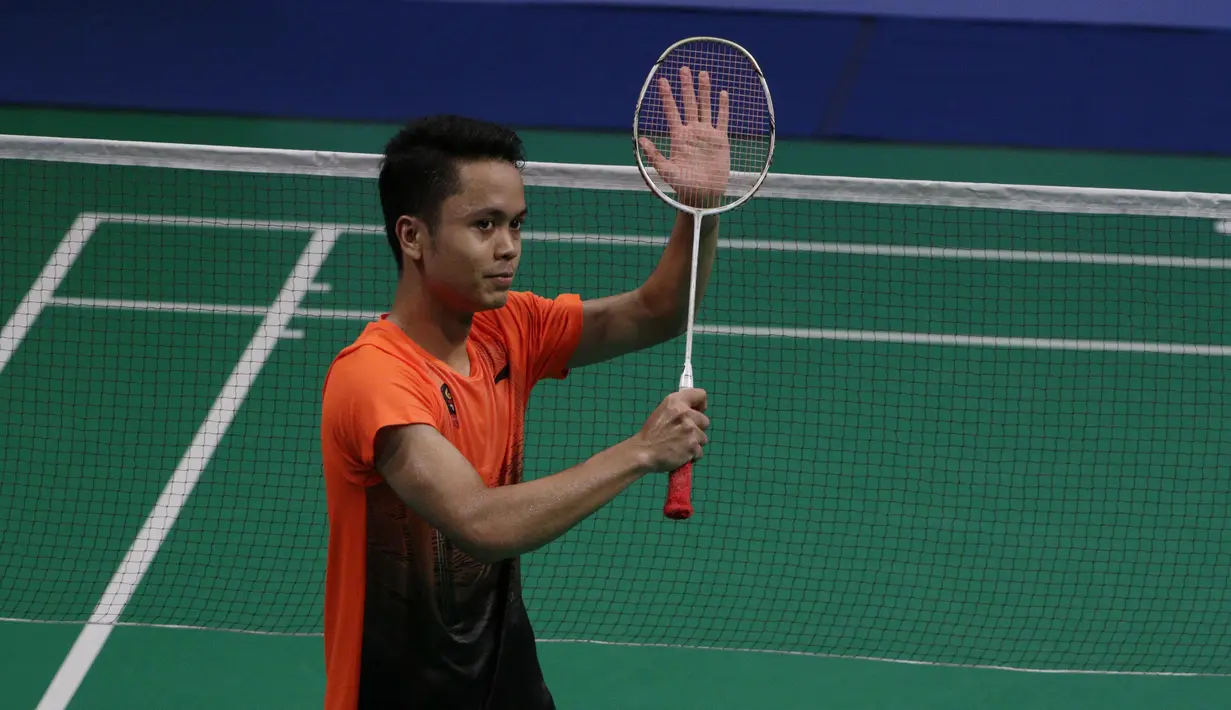 Ekspresi tunggal putra Anthony Sinisuka Ginting pada final bulutangkis beregu putra SEA Games 2019, Rabu (4/12/2019). (Bola.com/Muhammad Iqbal Ichsan)