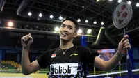 Tunggal putra Jonatan Christie ikut menyumbang poin saat Indonesia kalahkan China 3-1 pada final Kejuaraan Bulutangkis Asia Beregu 2018, Minggu (11/2/2018). (PBSI)