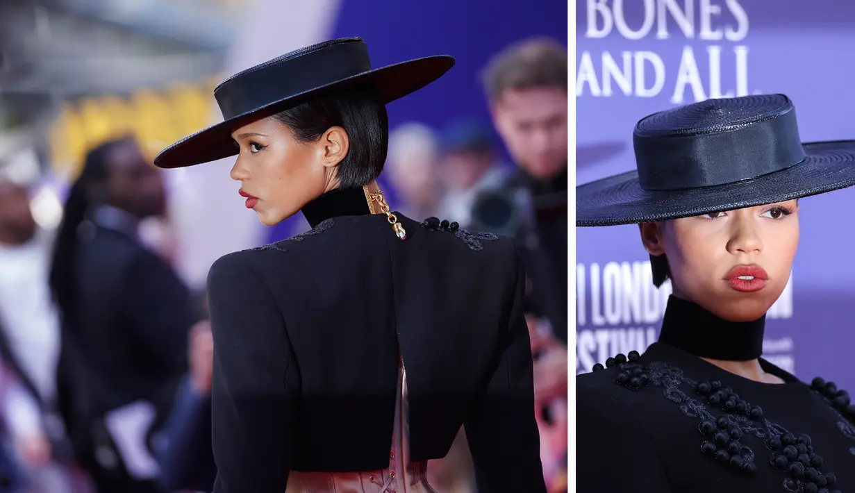 Foto kolase Taylor Russell saat menghadiri pemutaran perdana film 'Bones and All' dalam Festival Film London BFI 2022 di London, Sabtu, 8 Oktober 2022. (AP Photo)