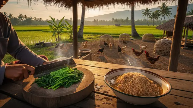 Mencacah Kangkung untuk Pakan Ternak Ayam