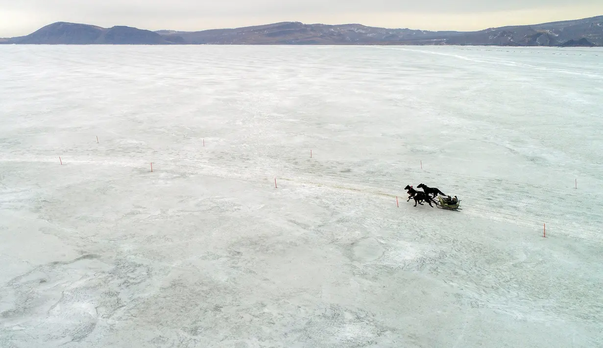 Seorang pria memacu kereta luncur troika yang ditarik oleh kuda selama bersaing dalam balapan kuda Ice Derby di Sungai Yenisei yang membeku di dekat pemukiman Siberia, Novosyolovo, selatan Krasnoyarsk, Rusia (16/3). (Reuters/Ilya Naymushin)