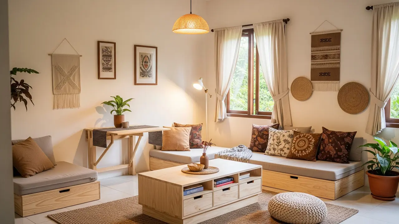 Desain Ruang Tamu Rumah Kampung Minimalis yang Nyaman Buat Nerima Tamu Model Pemanfaatan Furnitur Multifungsi