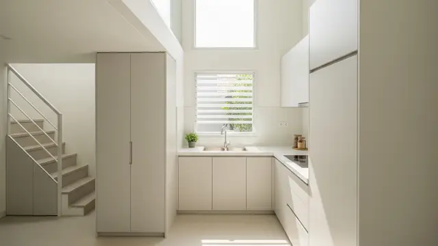 Dapur L-Shape Minimalis dengan Jendela Besar