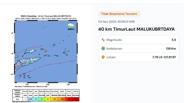 Gempa hari ini, Minggu (2/11/2025) saat akhir pekan menggetarkan pukul 10:09:21 WIB, lindu terjadi di wilayah Maluku Barat Daya, Provinsi Maluku.