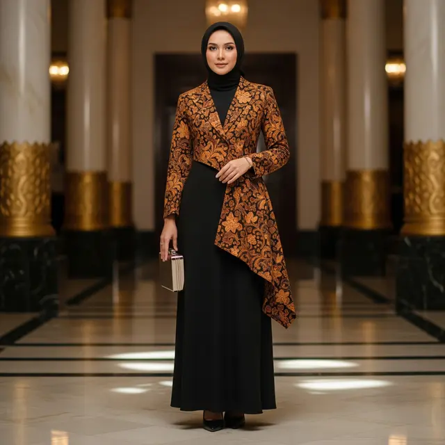 Model Gamis Polos Kombinasi Blazer Batik