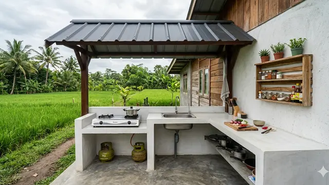 Model Dapur Outdoor yang Cocok untuk Rumah Kecil di Desa. AI
