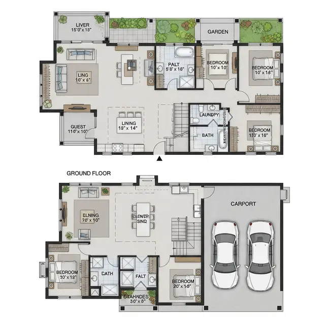 Desain Rumah dengan Carport dan Taman Samping
