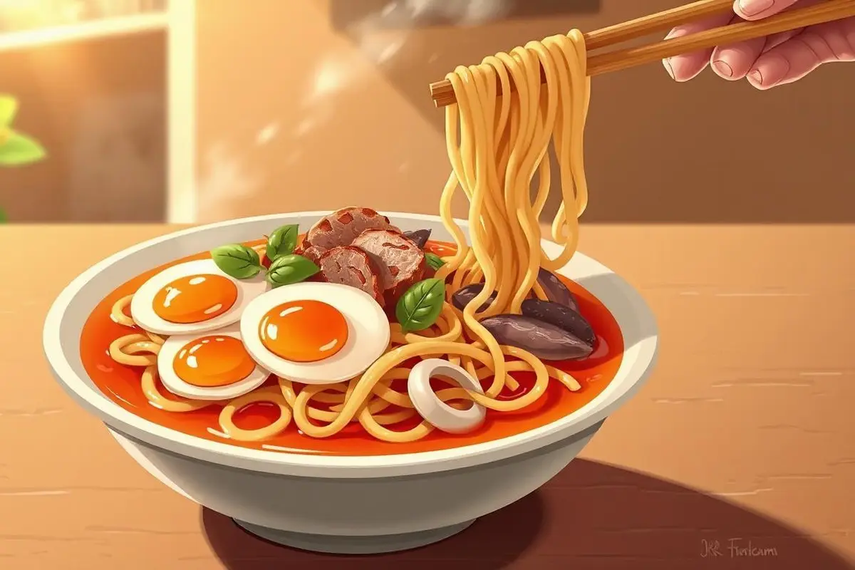 Siapa yang bisa menolak kelezatan mie instan? Namun, kamu harus tahu bahwa ada bahaya tersembunyi di balik mi instan jika dimakan setiap hari. Penting untuk mulai membatasi konsumsinya! (Ilustrasi by AI)