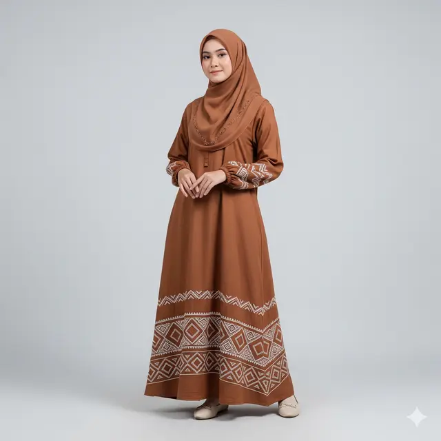 Model Gamis Coklat Earthy Tone Trend Modest Fashion 2025. Gemini