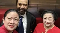 Elite Nasdem mengunggah poto Megawati, Surya Paloh, dan Puan Maharani di akun media sosialnya. (Liputan6.com/Delvira Hutabarat)