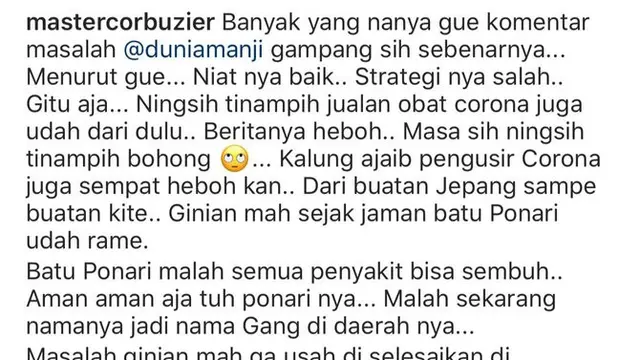 Komentar Deddy Corbuzier terkait masalah Anji dan Hadi Pranoto (https://www.instagram.com/p/CDcycD4nFMY/)