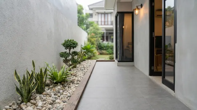 7 Teras Rumah 1,5 Meter dengan Taman Kering di Sepanjang Dinding untuk Hunian Mungil yang Estetik