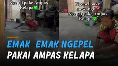 Seorang emak-emak mengepel lantai pakai ampas kelapa.