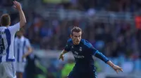 Ekspresi striker Real Madrid, Gareth Bale, setelah mencetak gol ke gawang Real Sociedad dalam laga La Liga Spanyol di Stadion Anoeta, Sabtu (30/4/2016) malam WIB. (Reuters/Vincent West)