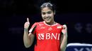 Selebrasi tunggal putri Indonesia, Gregoria Mariska Tunjung merayakan kemenangan atas wakil Korea Selatan, Sim Yu-jin pada partai pertama semifinal Piala Uber 2024 antara Indonesia menghadapi Korea Selatan di Hi-Tech Zone Sports Centre Gymnasium, Chengdu, China, Sabtu (4/5/2024). Gregoria Mariska Tunjung menang dua gim langsung (21-15, 21-13) untuk membawa Indonesia unggul 1-0. (AFP/Wang Zhao)