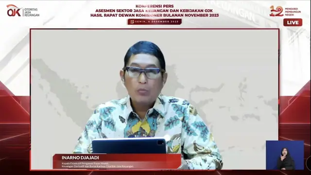 Kepala Eksekutif Pengawas Pasar Modal, Keuangan Derivatif dan Bursa Karbon Otoritas Jasa Keuangan Inarno Djajadi saat konferensi pers Asesmen Sektor Jasa Keuangan dan Kebijakan OJK, Senin (4/12/2023). (Foto: tangkapan layar/Elga N)