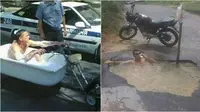 6 Aksi Nyeleneh Orang Saat Berkendara, Santai Sambil Mandi di Jalan Umum