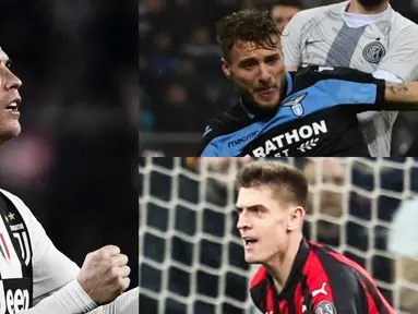 Dengan absen nya Ronaldo pada dua pertandingan terakhir di Serie A membuat pemain 34 tahun tersebut gagal menambahkan pundi-pundi gol. Akibatnya raihan gol kapten timnas Portugal tersebut semakin tertinggal oleh para kompatriotnya. (Kolase Foto AFP)