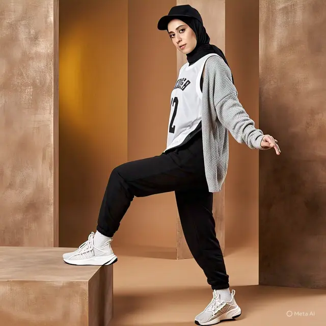 Hijab Bergo Jersey dengan Topi dan Sweater Oversize
