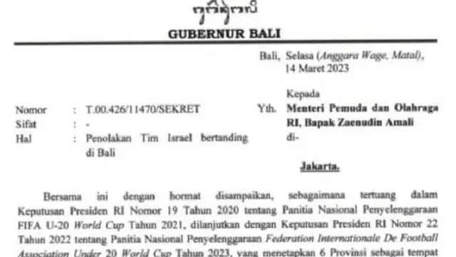 Surat Gubernur Bali Tolak Israel