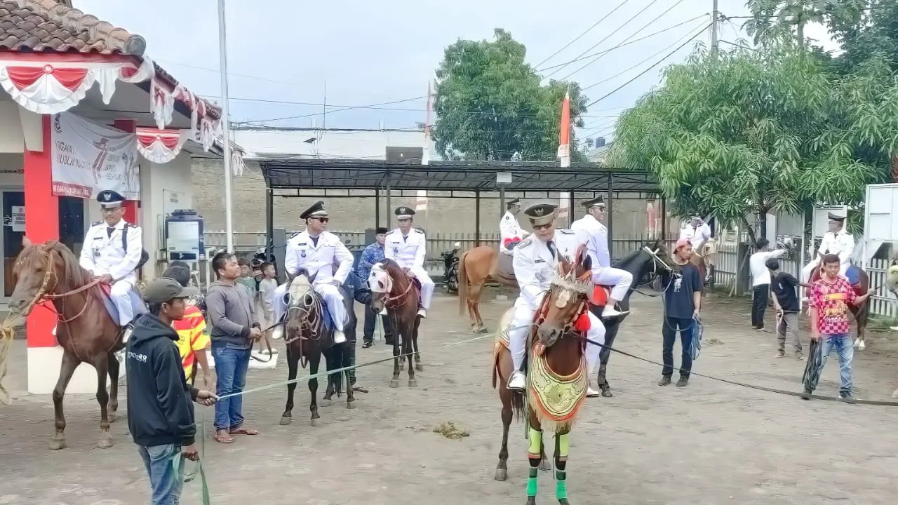 Sebanyak 9 kuda delman tanpa roda pedati diarak membawa para pejabat mengikuti upacara kemerdekaan HUT ke-77 RI tingkat kecamatan. (Liputan6.com/Jayadi Supriadin)