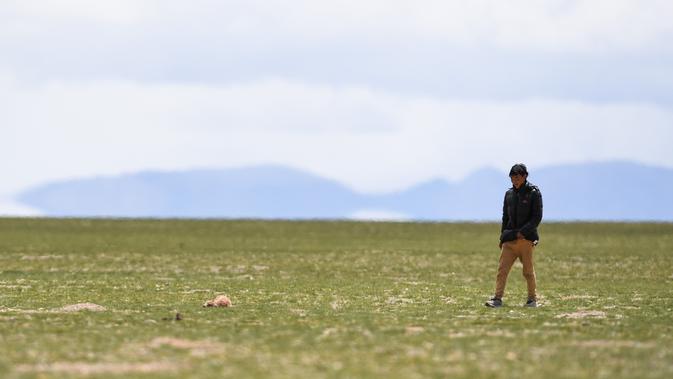 Seorang konservasionis berusaha menyelamatkan seekor antelop Tibet yang terluka di Daerah Otonom Tibet, China dalam foto yang diabadikan pada 24 Juni 2017. Spesies tersebut telah keluar dari ambang kepunahan menyusul peningkatan populasi antelop Tibet di Tibet saat ini. (Xinhua/Chogo)