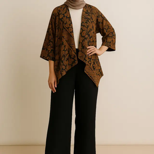 Model Cardigan Batik Asimetris/Ilustrasi Gambar AI