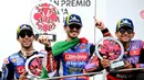 Francesco Bagnaia akhirnya menempati posisi terdepan sekaligus mengungguli rekan setim Enea Bastianini (Ducati Lenovo) dan Jorge Martin (Prima Pramac Racing). (Marco BERTORELLO/AFP)