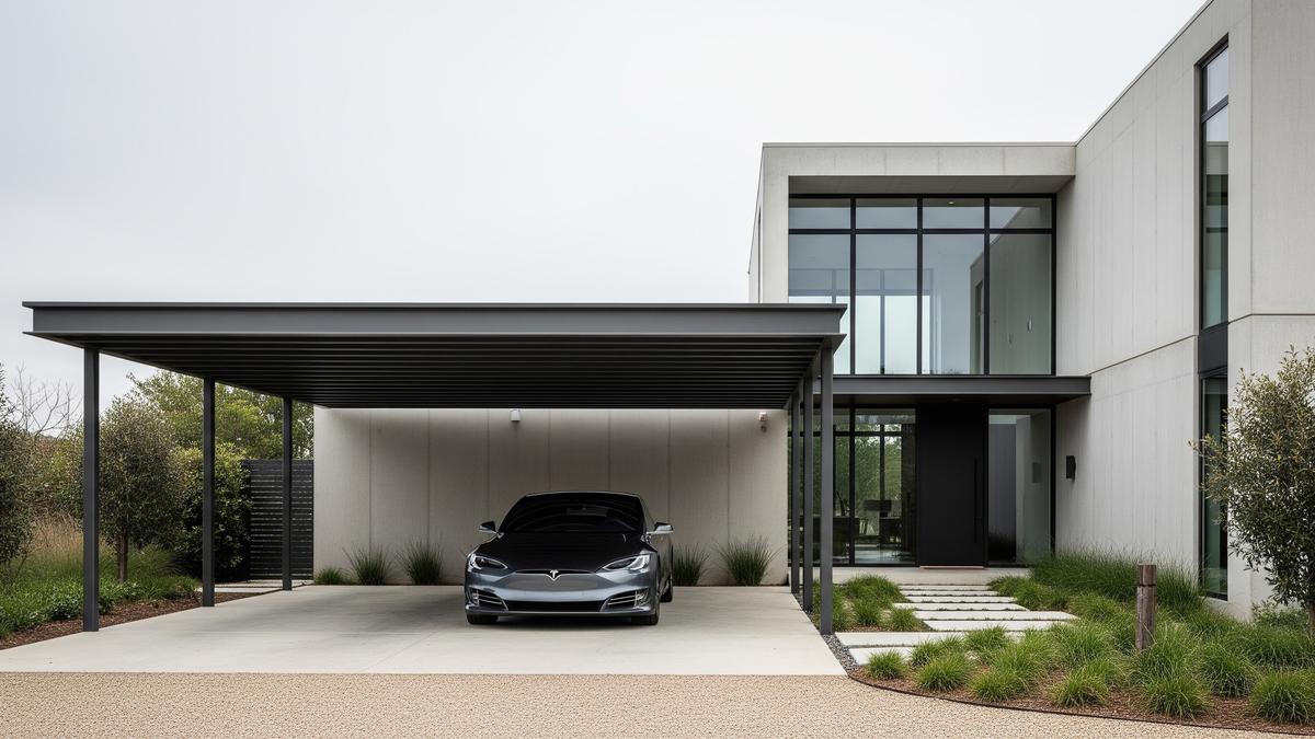 7 Model Carport Industrial Warna Charcoal yang Sedang Digemari, Bikin Fasad Rumah Makin Modern