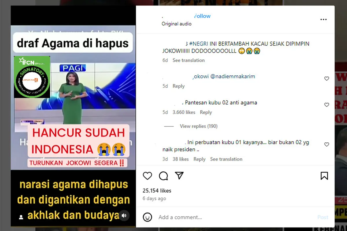 Tangkapan layar klaim narasi agama dihapus dalam perencanaan peta jalan pendidikan 2020-2035 Kemendikbud