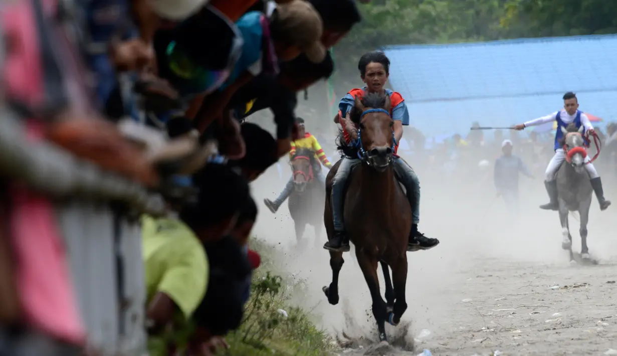 Seorang joki memacu kudanya pada lomba pacuan kuda tradisional di Takengon, Aceh, 10 Maret 2018. Ragam aksi para joki selalu menjadi tontonan, dan masyarakat selalu menyambut dengan antusias. (AFP PHOTO/CHAIDEER MAHYUDDIN)