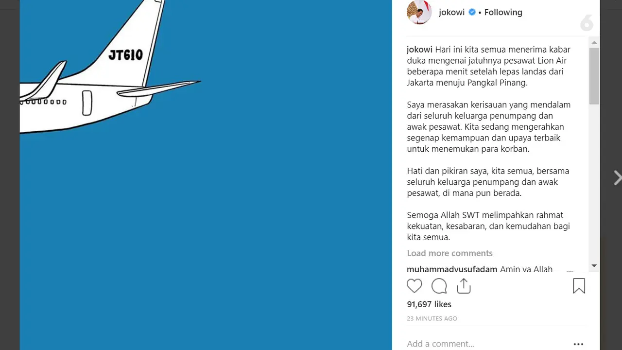 Ucapan duka cita Presiden Jokowi atas jatuhnya pesawat Lion Air JT 610.