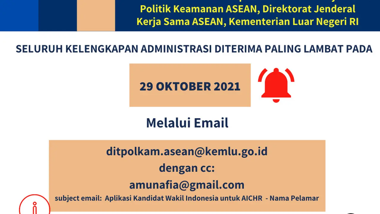Pembukaan seleksi wakil Indonesia untuk ASEAN Intergovernmental Commission on Human Rights (AICHR) Periode 2022 – 2024 sudah dibuka untuk mewakili Tanah Air di AICHR. (Dok Kemlu RI)