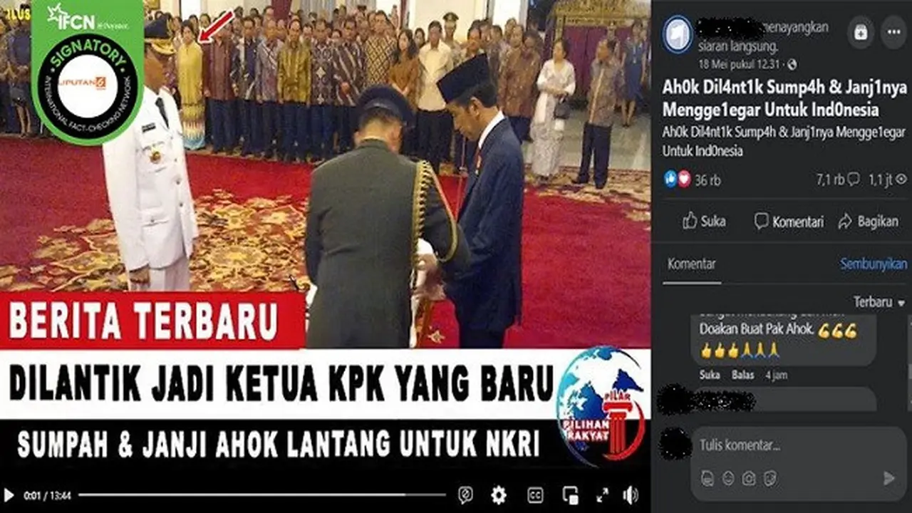 Gambar Tangkapan Layar Video yang Diklaim Ahok Dilantik Presiden Jokowi Jadi Ketua KPK yang Baru (sumber: Facebook).