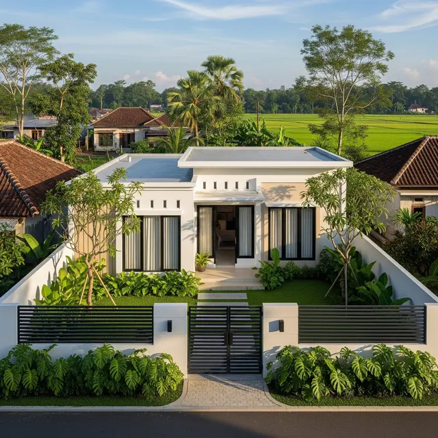 Model Rumah Sederhana Tapi Mewah dengan Atap Datar dan Pagar 2025 yang Cocok untuk Tinggal di Desa (Image by Gemini AI)
