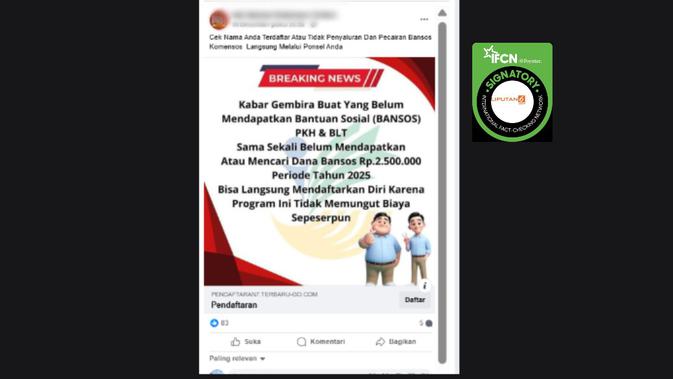 Tangkapan layar klaim link pendaftaran untuk bansos PKH dan BLT yang beredar di Facebook. Cek faktanya.