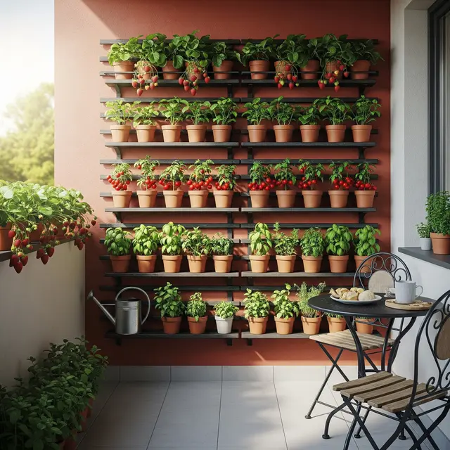 Inspirasi Teras Rumah dengan Tanaman Buah di Rak Vertikal (Image by Gemini AI)